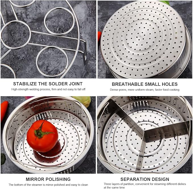 Steam Baskets with Egg Steam Rack, Food Grade Stainless Steel Steam-Holder Tray Trio Separator Set, Cooking Accessories for Vegetable, Fish, Meat Compatible with Instant Pot, Electric Pressure Cooker