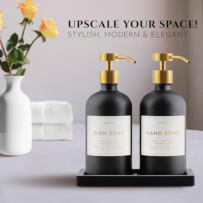 Lotion, Hand & Dish Soap Dispenser for Kitchen & Bathroom | Soap Dispenser Set of 2 16.8 Oz Glass Bottles with Stainless Steel Pump, 15 Water Proof Labels & Silicon Tray (Black/Gold)