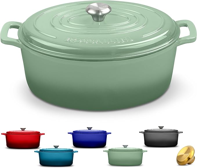 ROSSALLINI Signature Enameled Cast Iron Oval Dutch Oven | Non-Stick Serving Pot with Tight Fitting Lid for Perfect Roasting, Baking, Sauteing, and Bread Making | 8Q [Sage]