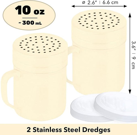 CUSINIUM 10oz Beige Stainless Steel Salt Pepper Dredge Shakers - With Plastic Cap - With Handle - Pack of 2