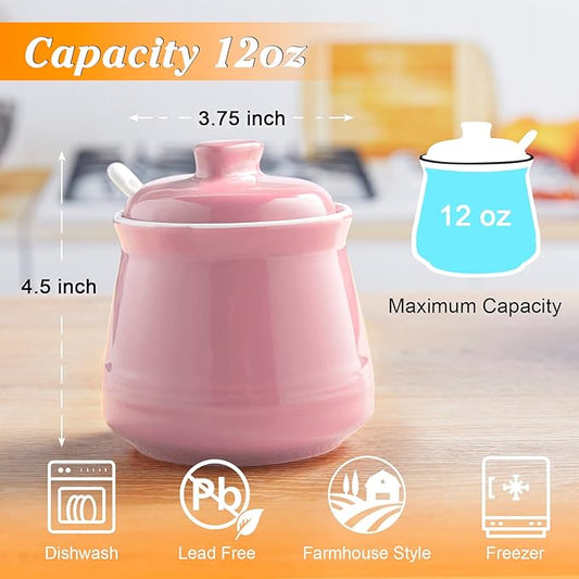 Sugar Bowl with Lid and Spoon - 12 oz Ceramic Sugar Bowl with Spoon - Sugar Container for Coffee Bar - Sugar Jar Sugar Dispenser Bowl - Pink Kitchen Decor and Accessories