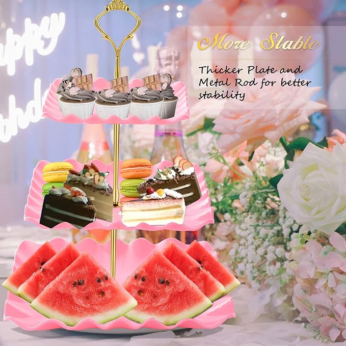 Dessert Cupcake Stand, 3 Tier Cup Cake Holder Tower for Tea Party/Birthday/Wedding, Plastic Tiered Serving Tray with Metal Rod, Pink