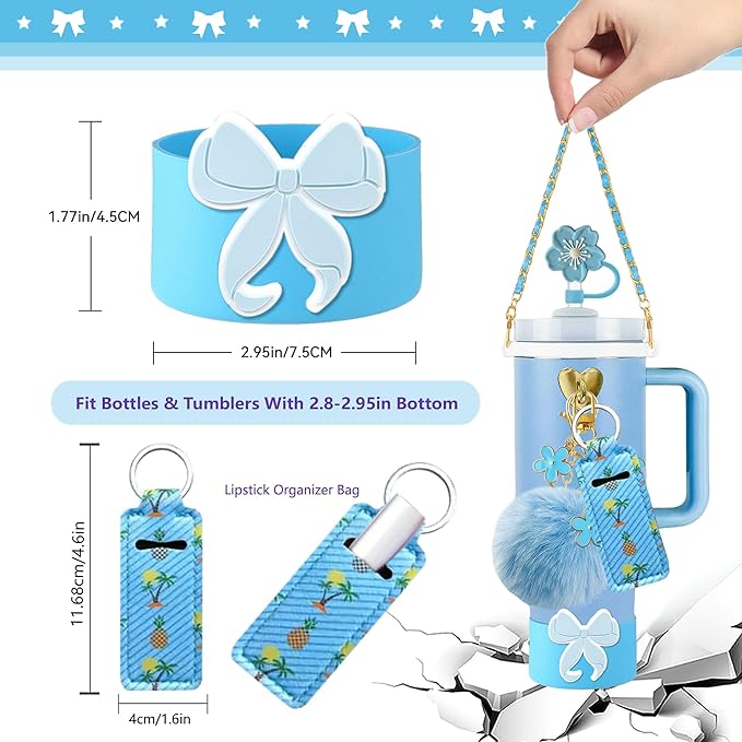 Accessories Set Including Water Bottle Handle Strap, Silicone Boot, Resin Butterfly Straw Cover, Straw Topper, Lip Balm Sleeve, Butterfly & Hairball Charms for Stanley Cup Tumbler