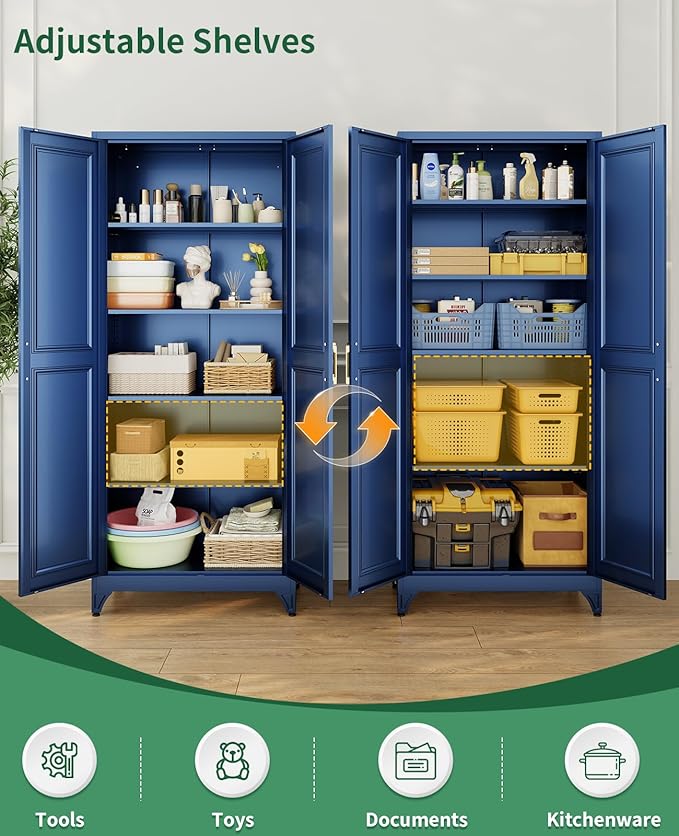 Metal Storage Cabinet with 2 Doors and 4 Adjustable Shelves, 74.8" H Kitchen Pantry Cabinets, Modern Tall Garage Cabinet for Files, Books, Tools, Toys