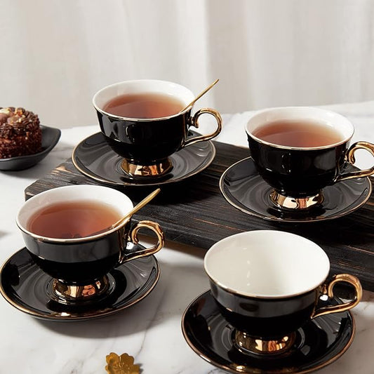 DUJUST Tea Cups and Saucers Set of 4 (7.4oz), Luxury Tea Cup Set with Golden Trim, Black Coffee Cups with Metal Stand, British Porcelain Tea Party Set - Black