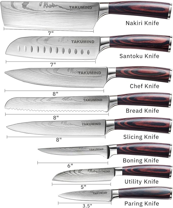Premium Japanese Knife Set,Sharp Knives Set for Kitchen,Nop-slip Wooden Ergonomic Handle,High Carbon Stainless Steel Forged Luxury Gift(8PCS,Silver)