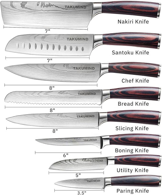 Premium Japanese Knife Set,Sharp Knives Set for Kitchen,Nop-slip Wooden Ergonomic Handle,High Carbon Stainless Steel Forged Luxury Gift(8PCS,Silver)
