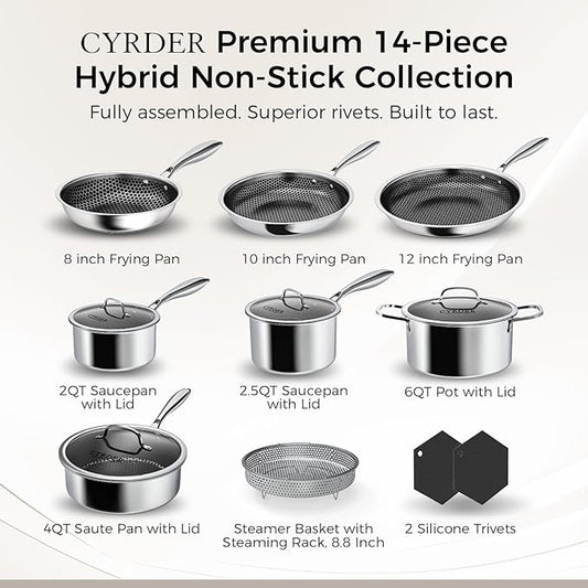 Nonstick Pots and Pans Set, 14 Piece Hybrid Hex Non Stick Stainless Steel Cookware with Frying Pans, Saute Pan, Saucepans & Stock Pot - Induction Compatible, Dishwasher &Oven Safe, PFOA Free