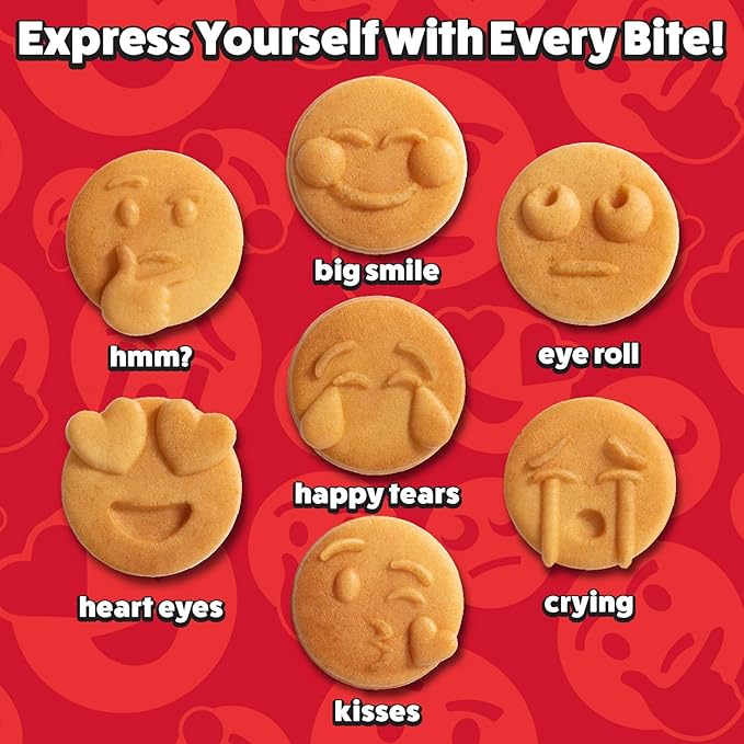 Mini Emojis Waffle Maker for Valentine's Day Breakfast- Make 7 Unique Smiley Face Waffles Pancakes for Kids- Electric Non-Stick Iron Feat Kiss Face Heart Eyes & Smile w Recipe Guide- Licensed by Emoji
