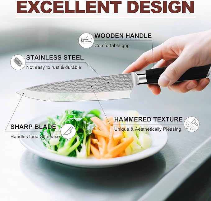 5-Piece Kitchen Knife Set with Block - Stainless Steel Sharp Blade, Wooden Handle Knifes Holder, Bread/Fruit/Meat/Chef Knives, Gifts for Women Men (Hammered Texture)-5