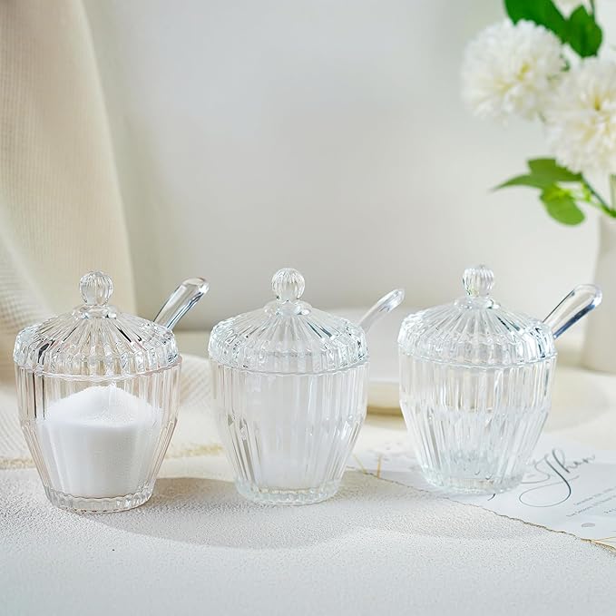 kanpura 1 Pack Clear Glass Sugar Bowl with Lid and Spoon Serving Spoon Salt Pot Sugar Holder Seasoning Pot Dispenser Container for Home Kitchen, Dishwasher Safe(5 OZ)