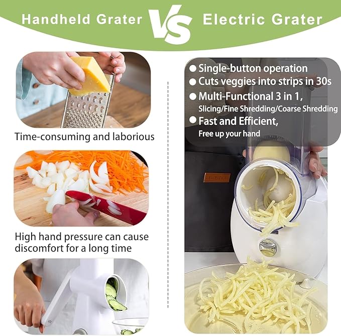 Electric Cheese Grater,3 In 1 Electric Grater For Home Kitchen,One-Touch Easy Control Salad Shooter Cheese Grater For Block Cheese Vegetable Cucumber Nuts(Milky-White)