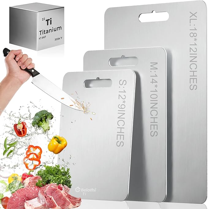 Titanium Cutting Boards Set of 3, 100% Pure Titanium Cutting Boards for Kitchen, Dishwasher Safe & Hygienic Chopping Boards for Separating Raw Meat, Fruits and Vegetables, Odor free & Knife Friendly