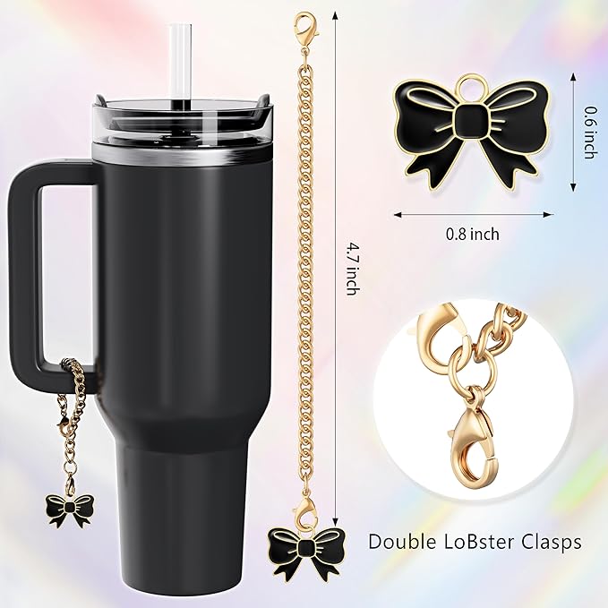 Compatible with Stanley Cup Accessories - 3Pcs 10mm Bow Straw Topper Compatible with Stanley Cup Straw Cover Cap, 2pcs Black Bow Charms for Stanley 30&40 Oz Tumbler with Handle
