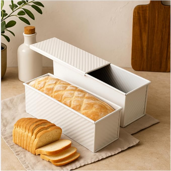 Spmarkt 2-Pack Beige Pullman Loaf Pan with Lid, Long Nonstick Bread Pan for Toast & Sandwich Bread, Cream White Nonstick Loaf Pan, 3 Vented Holes & Ridged Design, Great for Baking Lovers and Home Use