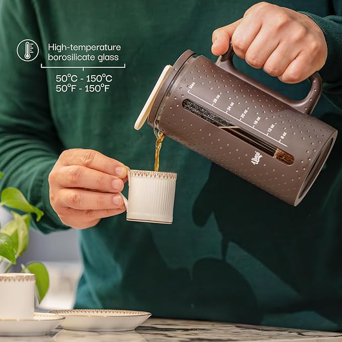 Ubeca The 34oz Large French Press Coffee Maker – Elegant Borosilicate Glass Carafe, Heat-Resistant & Minimalist Handle, Premium Design for Coffee, Tea & Hot Drinks – BPA-Free 1000ml Coffee Brewer