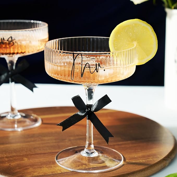 AW BRIDAL Mr and Mrs Champagne Glasses Enagagement Gifts for Newlywed Couples 2025, Bride and Groom Martini Glasses Set of 2 for Wedding Bridal Shower, Anniversary Coupe Glass Set Gift for Margarita
