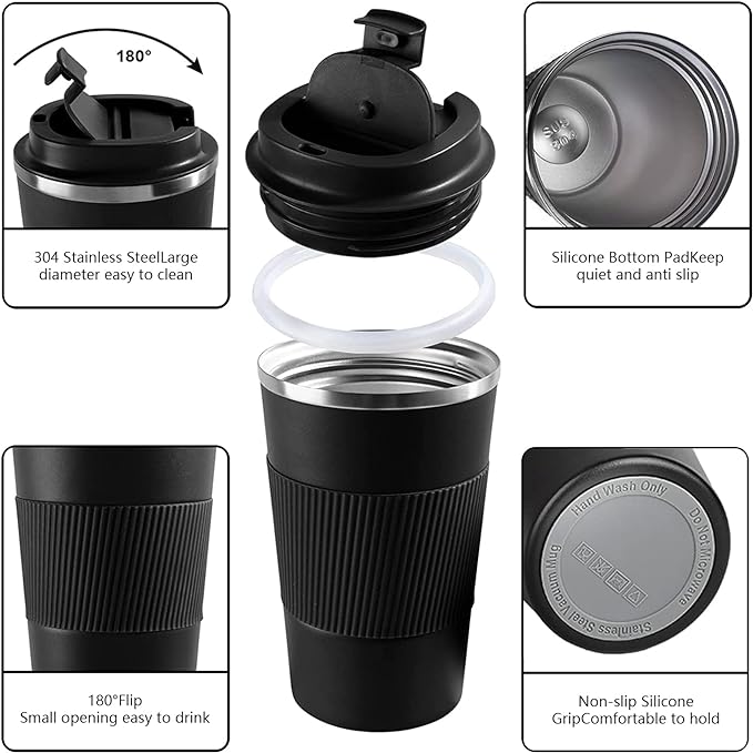 YINBAOGE Insulated Travel Coffee Mug, Spill & Leak Proof, Portable To Go Camping Stainless Steel Coffee Tumbler, Reusable Thermal Coffee Cup with Lid for Hot & Cold Drinks (Black, 17 OZ)