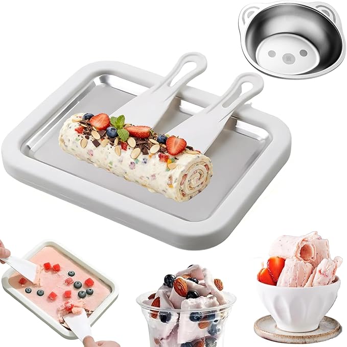 Rolled Ice Cream Maker Kit, Instant Freezy Ice Cream Roller Tray with 2 Scrapers and a Cute Bowl, DIY at Home Suitable For Families and Parties (white)