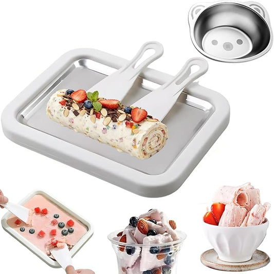 Rolled Ice Cream Maker Kit, Instant Freezy Ice Cream Roller Tray with 2 Scrapers and a Cute Bowl, DIY at Home Suitable For Families and Parties (white)