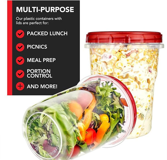 Stock Your Home 32oz Plastic Containers with Red Twist Top Lids (6 Pack) – Quart Freezer Containers for Leftovers, Airtight Reusable Soup Storage, Microwave & Dishwasher Safe