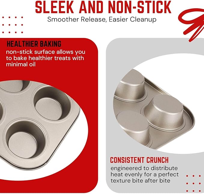 Flexzion Muffin Tray Cupcake Baking Pan 2 Pack, Carbon Steel Muffin Tins Nonstick 6 Cups, Cupcake Tin Bakeware Accessories for Baking Cupcake Muffin Brownies Snack, Fridge Safe, Champagne Gold