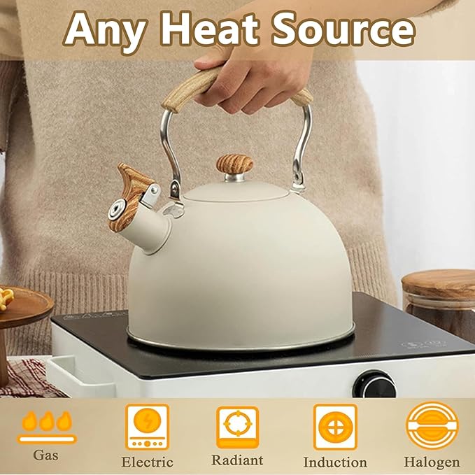Tea Kettle,2.6 Quart Whistling Tea Kettle, Food Grade Stainless Steel Whistling Tea Pot with Wood Pattern Handle,Works For All Stovetops(Beige-2.6 Quart)