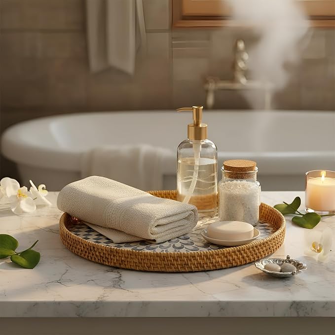 16 inch Round Rattan Tray with Mother of Pearl Inlay Wicker Serving Tray with Wooden Base Boho Decorative Wicker Basket for Table Decor Bathroom Candle Perfume(Plume)