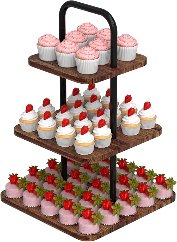 Cupcake Stand, 3-Tier Dessert Stand for 32 Cupcakes, Wood & Metal Tower Display Premium Holder Dessert Tree Tower for Christmas Birthday Weddings Party Decor, Serving Tray, Wood Brown