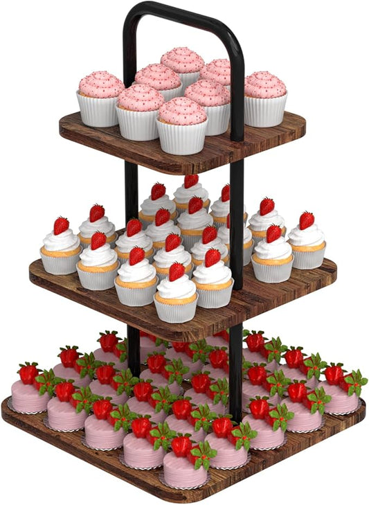 Cupcake Stand, 3-Tier Dessert Stand for 32 Cupcakes, Wood & Metal Tower Display Premium Holder Dessert Tree Tower for Christmas Birthday Weddings Party Decor, Serving Tray, Wood Brown
