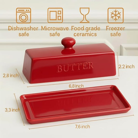WERTIOO Butter Dish with Lid, Ceramic Butter Dish with Lid for Countertop for 1 Stick. Textured Tray for Non Slip Storage with Stainless Steel 3 in 1 Butter Spreader, Red