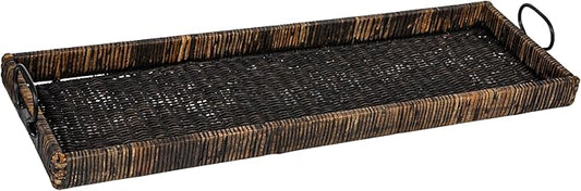 Creative Co-Op Black Rattan & Wood Tray with Handles
