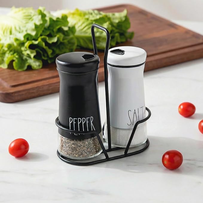 Aelga Farmhouse Salt & Pepper Shakers with Holder & Adjustable Pour Holes, Refillable Salt Shaker for Himalayan, Kosher, Black and White Pepper