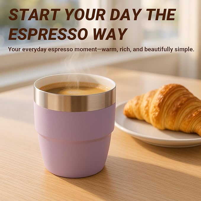 4 oz Small Espresso Cup, Ceramic-Lined 18/8 Stainless Steel, Double-Wall Vacuum Insulated, Stackable, Dishwasher Safe, Fits Most Espresso Machines, 6 Pack, Black/White/Lilac/Wine Red/Navy/Blue