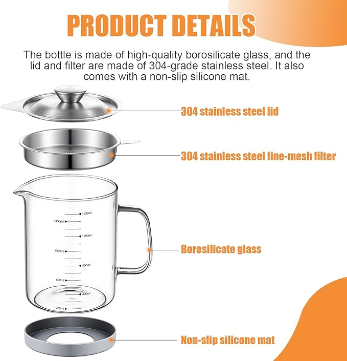 Glass Bacon Grease Container with Strainer Cooking Oil Storage Can Food Strainers with Stainless Steel Filter Lid Silicone Nonslip Pad for Storing Fats Frying Oil Cooking Grease(1.5l / 50oz)