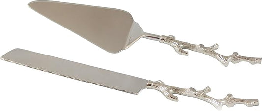 Server Set, Cake, Pie, Desert Flatware Set, Tree Branch Design, 2-piece 18/10 Stainless steel with brass handles (light antique silver finish)
