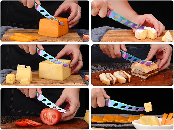 WELLSTAR Cheese Knife, Serrated Tomato Knife 5 Inch Sharp High Carbon Stainless Steel Blade for Cutting All Cheese Types - Rainbow