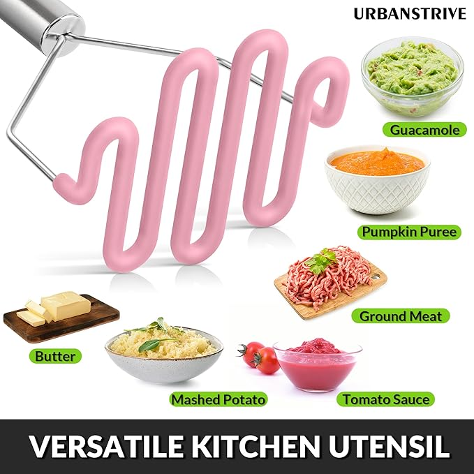 Urbanstrive Non-Scratch Silicone Potato Masher Kitchen Tool, Potatoes Masher Potato Masher Stainless Steel Wrapped In Premium Silicone, Potato Smasher, Pink
