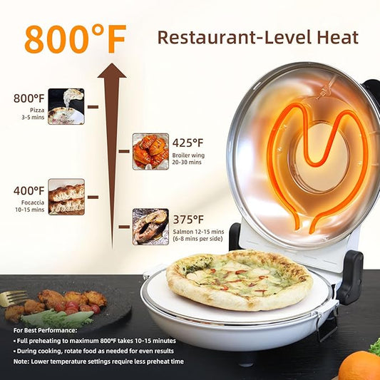 YIBAKE 12" Electric Pizza Oven - Countertop Pizza Maker with Ceramic Stone, Heats up to 800°F, Portable Indoor Pizza Oven for Homemade Pizzas, White