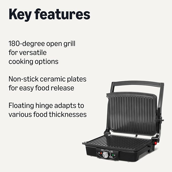 Amazon Basics Panini Press & Electric Indoor Grill with Temperature Control, Non-Stick Ceramic Plates, Black