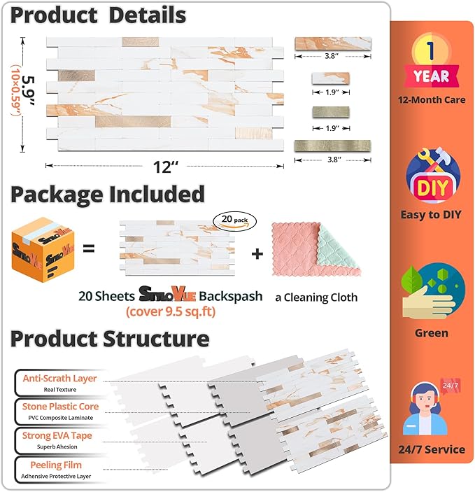 20 Sheets Peel and Stick Backsplash for Kitchen, 2026 Upgraded Calacatta Gold with Metal Glod Look Stick on Tile Upgrade Your Kitchen Backsplash, RV, Fireplace