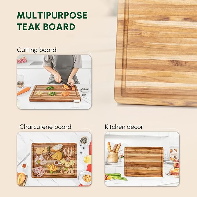 BEEFURNI Teak Wood Cutting Board with Juice Groove Hand Grip (S, 18x14x1"), Durable Wooden Cutting Boards for Kitchen, Butcher Block, Serving & Charcuterie Board, Christmas Gifts Box, 1-year Warranty
