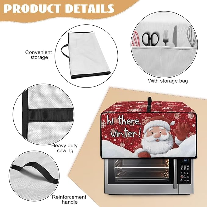 Doojoayie 4 Slice Toaster Cover Christmas Santa Kitchen Appliance Covers Universal Fit Toaster Oven Cover with Top Handle Belt, Easy to Storange Red Christmas Home Decorations