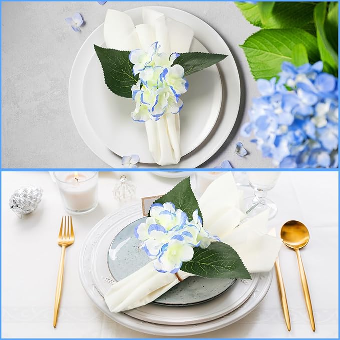 6 Pcs Artificial Hydrangea Napkin Rings Spring Summer Napkin Ring Holder Boho Floral Rustic with Artificial Leaves for Weddings Dinner Spring Summer Gathering Table Decoration (Hydrangea)