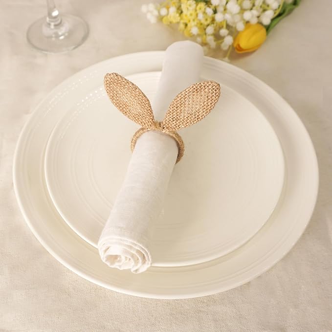 Easter Napkin Rings Set of 6, Burlap Jute Bunny Ear Napkin Rings, Rabbit Ear Napkin Ring Holders for Easter Party Banquet Dinning Spring Table Decoration