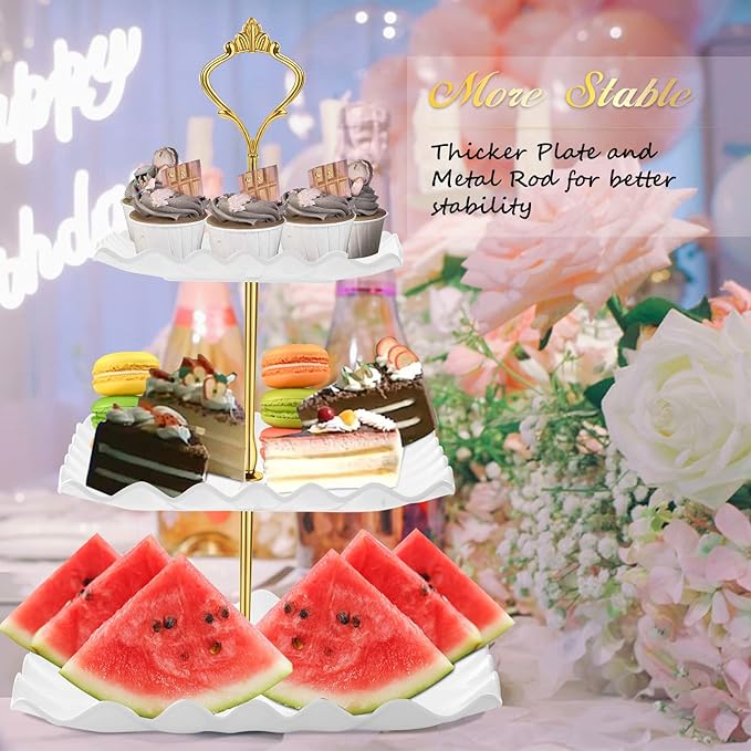 Dessert Cupcake Stand, 3 Tier Cup Cake Holder Tower for Tea Party/Birthday/Wedding, Plastic Tiered Serving Tray with Metal Rod, White