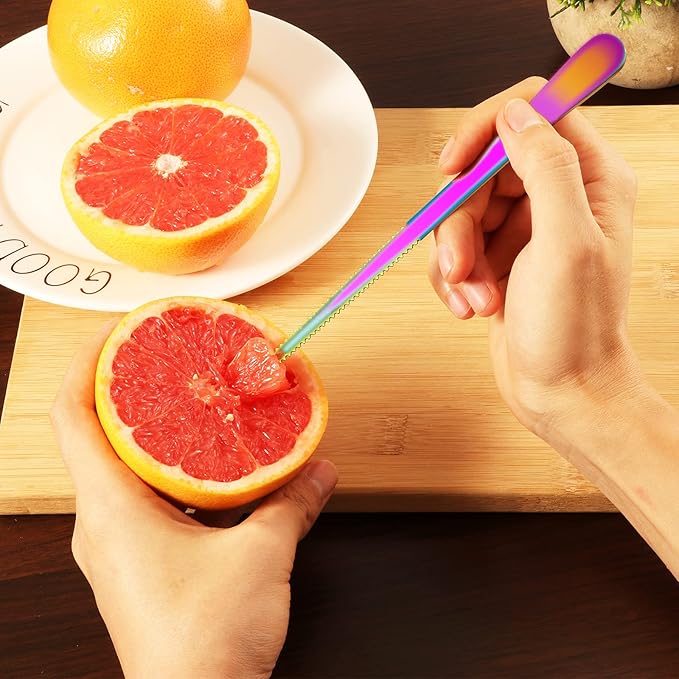 Grapefruit Spoons & Knife Set, Stainless Steel Utensils With Serrated Edge & Thick Gauge Handle, Rainbow Kitchen Tool, Non-stick Plating for Kiwi, Dessert, Apple (5 PCS)