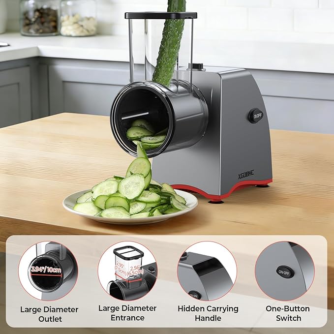Electric Cheese Grater, Salad Maker with 6 Replaceable Multi-use Blades, 250W Electric Cheese Shredder, One-Touch Kitchen Slicer Salad Machine for Vegetables, Fruits, Cheeses, Nuts