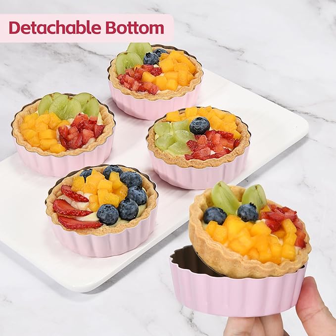 4 Pcs 3.6 Inch Mini Tart Pan Depth 1 Inch with Removable Bottom NonStick Tin - Pink