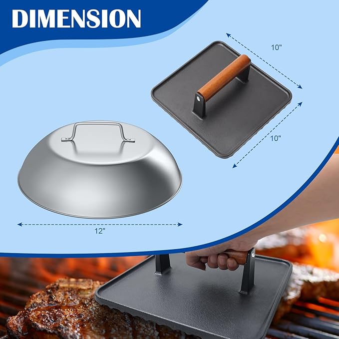 SafBbcue 10" Cast Iron Large Bacon Press & Steam Cover, 12" Round Stainless Steel Steamer Melting Dome, Heavy Duty Griddle Press XL for Blackstone Flat Top Grill